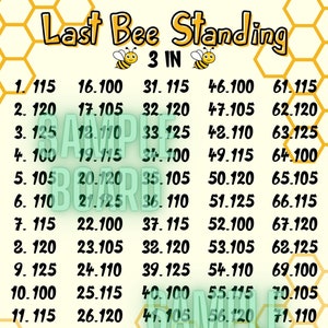 Last Bee Standing 75 Ball Bingo Board