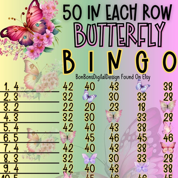 Butterfly 50 In Each Row WTA PYP 15 Line Bingo Board