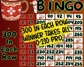 300 In Each Row WTA PYP Christmas 15 Line Bingo Board , Holiday Hot Coca Bingo, Winner Takes All