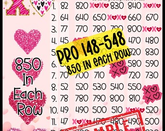 Valentines Xo Bingo Board, 15 Line WTA (Digital Download), 850 In Each Row Pro