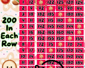 200 In Each Row WTA PYP Christmas 15 Line Bingo Board , Holiday Pink Cookies Bingo