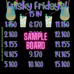 Frisky Fridays Pick Your Pay 15 Line Bingo Board, Friday Bingo Board, PYP Bingo Board