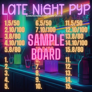 Late Night PYP Mix 15 Line Bingo Board, Pick Your Pay Bingo Board, Glow Bingo Board
