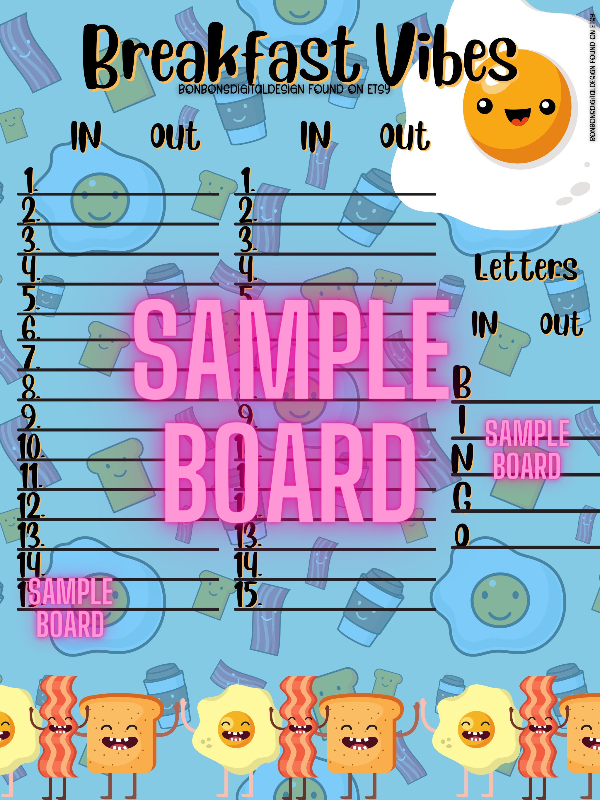 Breakfast Vibes Double 15 Line Bingo Board, Double Bingo Board, Good Morning Bingo Board