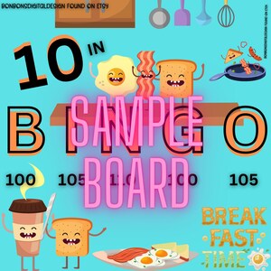 Breakfast 10 In Pick Your Payout 15 Line Bingo Board, Breakfast Bingo Board