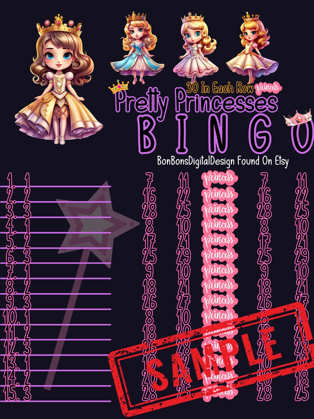 30 in Each Row Pretty Princesses 15 Line Bingo Board, WTA Bingo