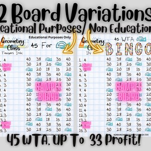 May include: Two printable bingo boards for a geometry class. The boards are filled with numbers and geometric shapes. The text on the boards reads "Geometry Class 45 For" and "Geometry Class 45 WTA Bingo".