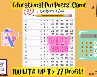 100 WTA Equations Quiz 15 Line Bingo Board, Math Bingo, Classroom Bingo, PYP