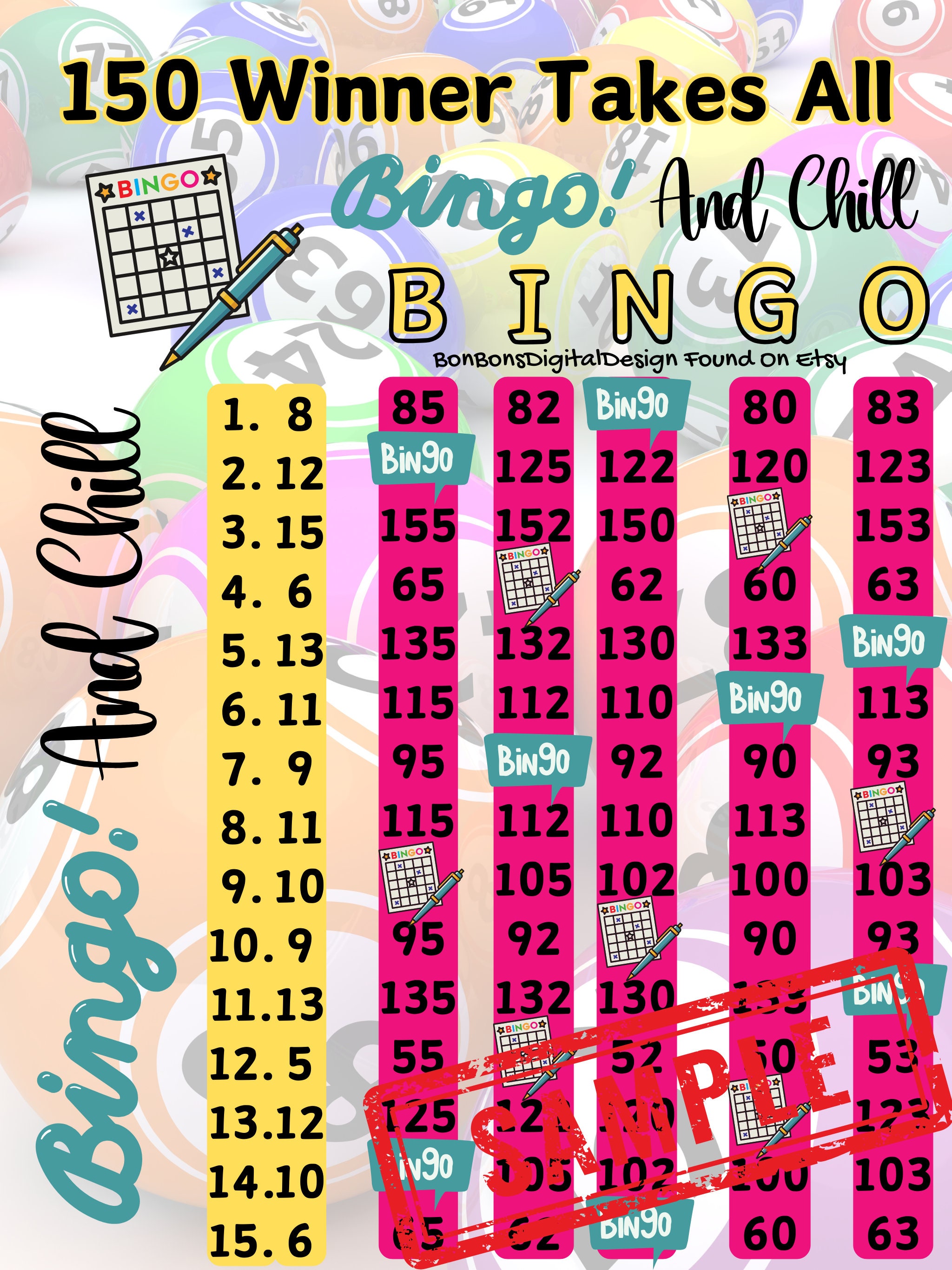 150 in Each Row WTA PYP Bingo and Chill 15 Line Bingo Board , WTA