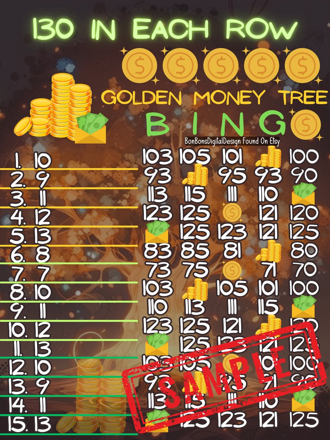 130 in Each Row PYP Pro WTA Money Tree 15 Line Bingo Board - Etsy