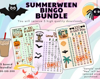 Summer Halloween 100 150 200  In Each Row Profit PYP HR 15 Line Bingo Board, Summerween High Roller Bingo, Bundle Bingo