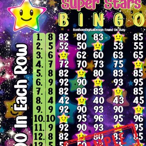 Exploding Star Bingo Pattern 100 in Each Row PYP Pro WTA Super Stars 15 Line Bingo Board , Small Pro ...