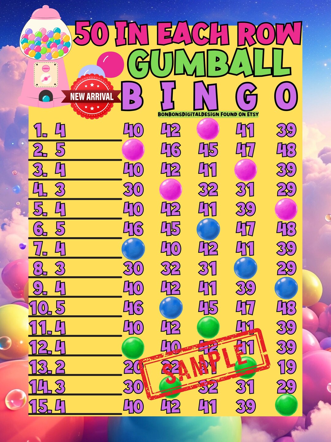 50 in Each Row 15 Line Bingo Board, Pyp Themed Bingo - Etsy