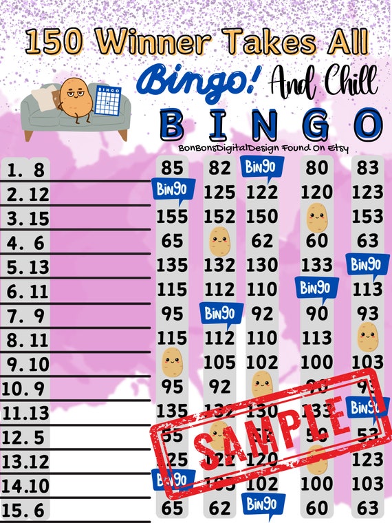 150 in Each Row WTA PYP Bingo and Chill 15 Line Bingo Board , WTA