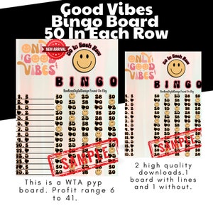 50 PYP Pro WTA 15 line bingo board, pyp themed bingo , 50 in each row