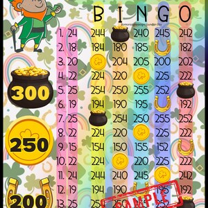 May include: A multi-level bingo card with a St. Patrick's Day theme. The card has 15 spaces with numbers and images of gold coins, shamrocks, and horseshoes. The card is designed to be used for a game of bingo.