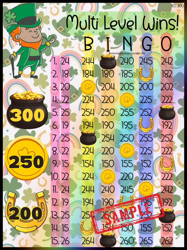 May include: A multi-level bingo card with a St. Patrick's Day theme. The card has 15 spaces with numbers and images of gold coins, shamrocks, and horseshoes. The card is designed to be used for a game of bingo.