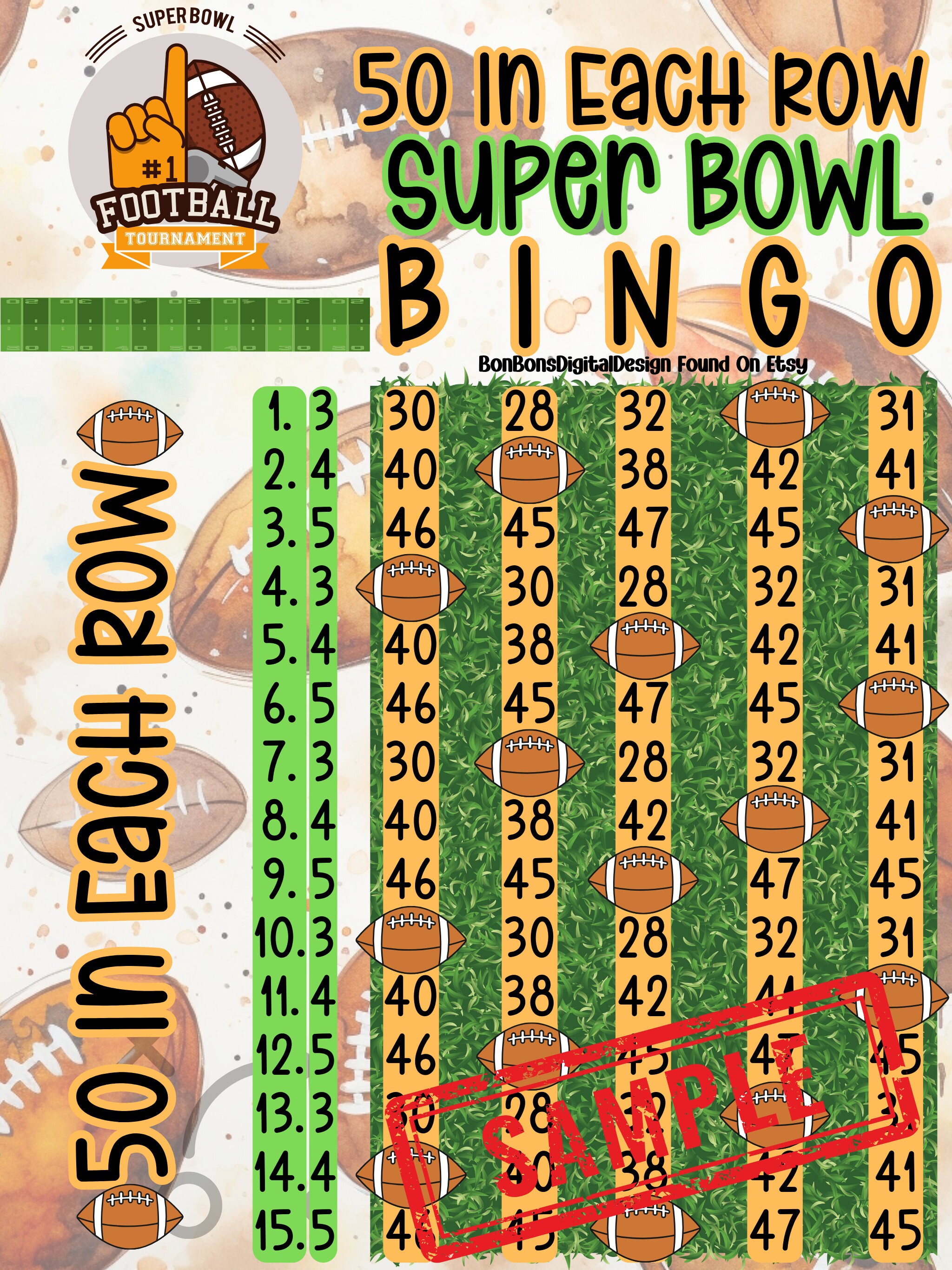 50 in Each Row WTA PYP 15 Line Bingo Board , Football Bingo, Super Bowl ...