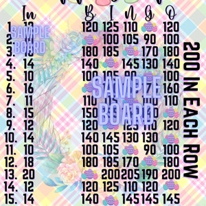 May include: A printable Easter bingo card with a pastel pink, yellow, and blue plaid background. The card has a title "Hippity Hop" and the numbers 1-200 are listed in 15 rows of 5 numbers each. The card is decorated with images of Easter eggs and bunnies.