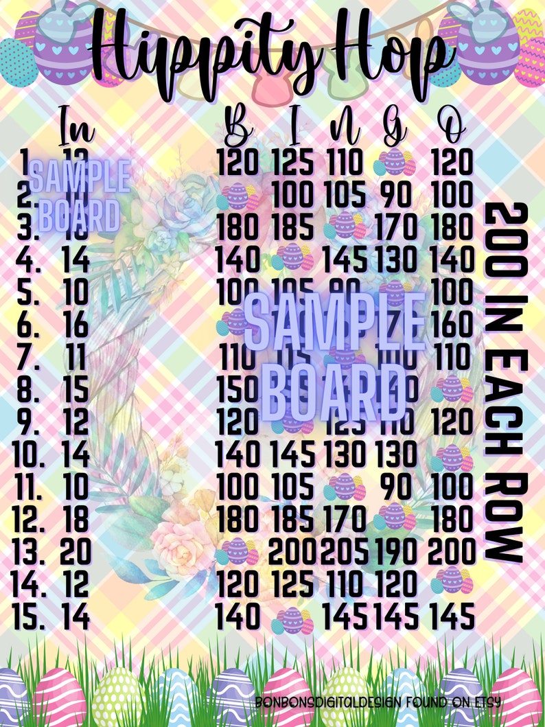May include: A printable Easter bingo card with a pastel pink, yellow, and blue plaid background. The card has a title "Hippity Hop" and the numbers 1-200 are listed in 15 rows of 5 numbers each. The card is decorated with images of Easter eggs and bunnies.