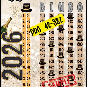 HR Happy New Years 600 Bingo Board, NYE Celebration 15 line bingo boards, 600 In Each Row, Pro Bingo, High Roller Holiday Bingor