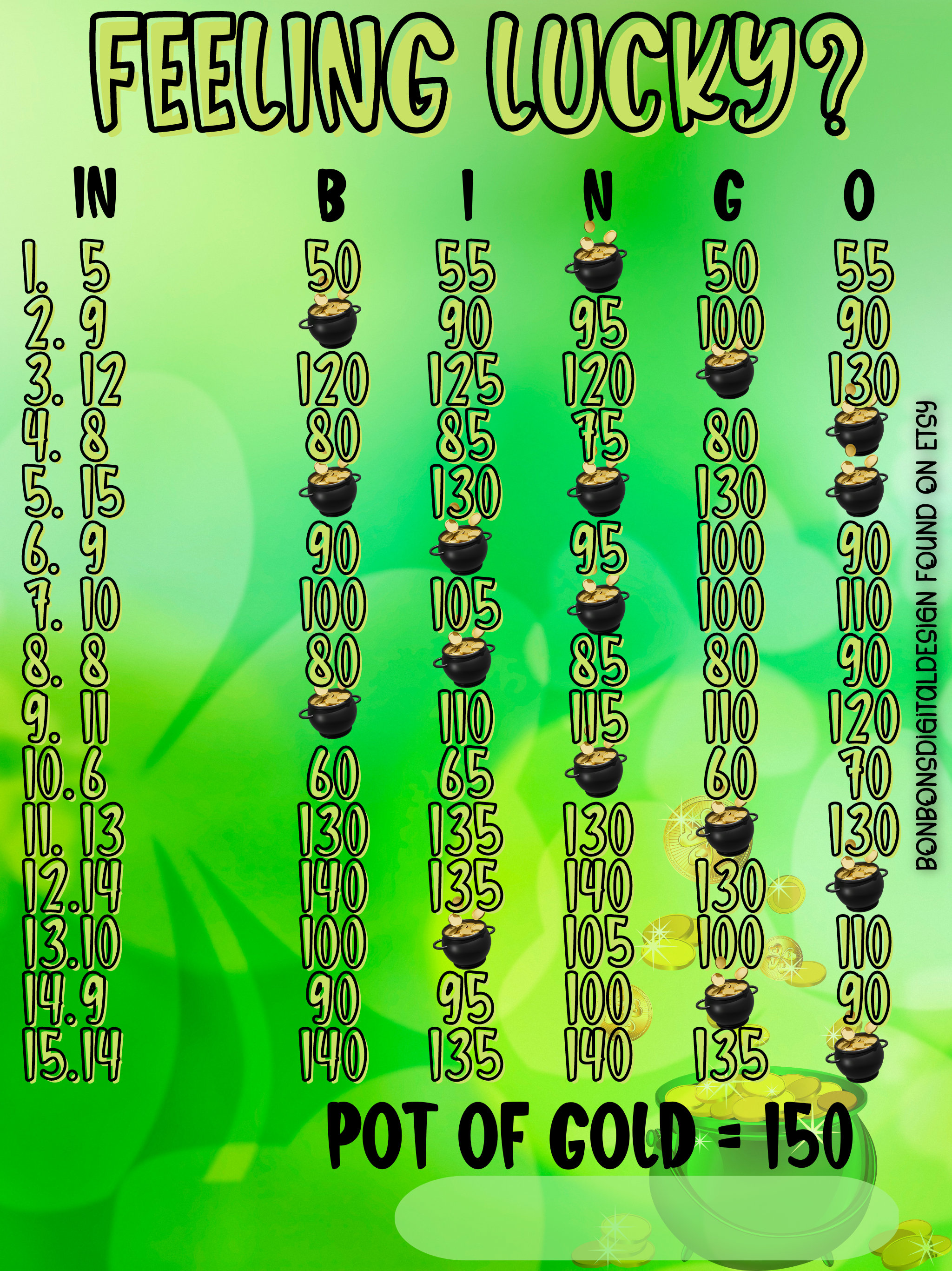 BINGOグループ Pot of Gold WTA 150 in Every Row 15 Line Bingo Board, PYP Bingo