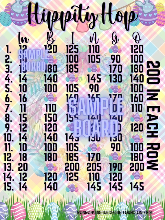 3 Variations Of Hippity Hop Easter 200 In Each Row WTA PYP 15 Line Bingo Board, Easter Bingo Board