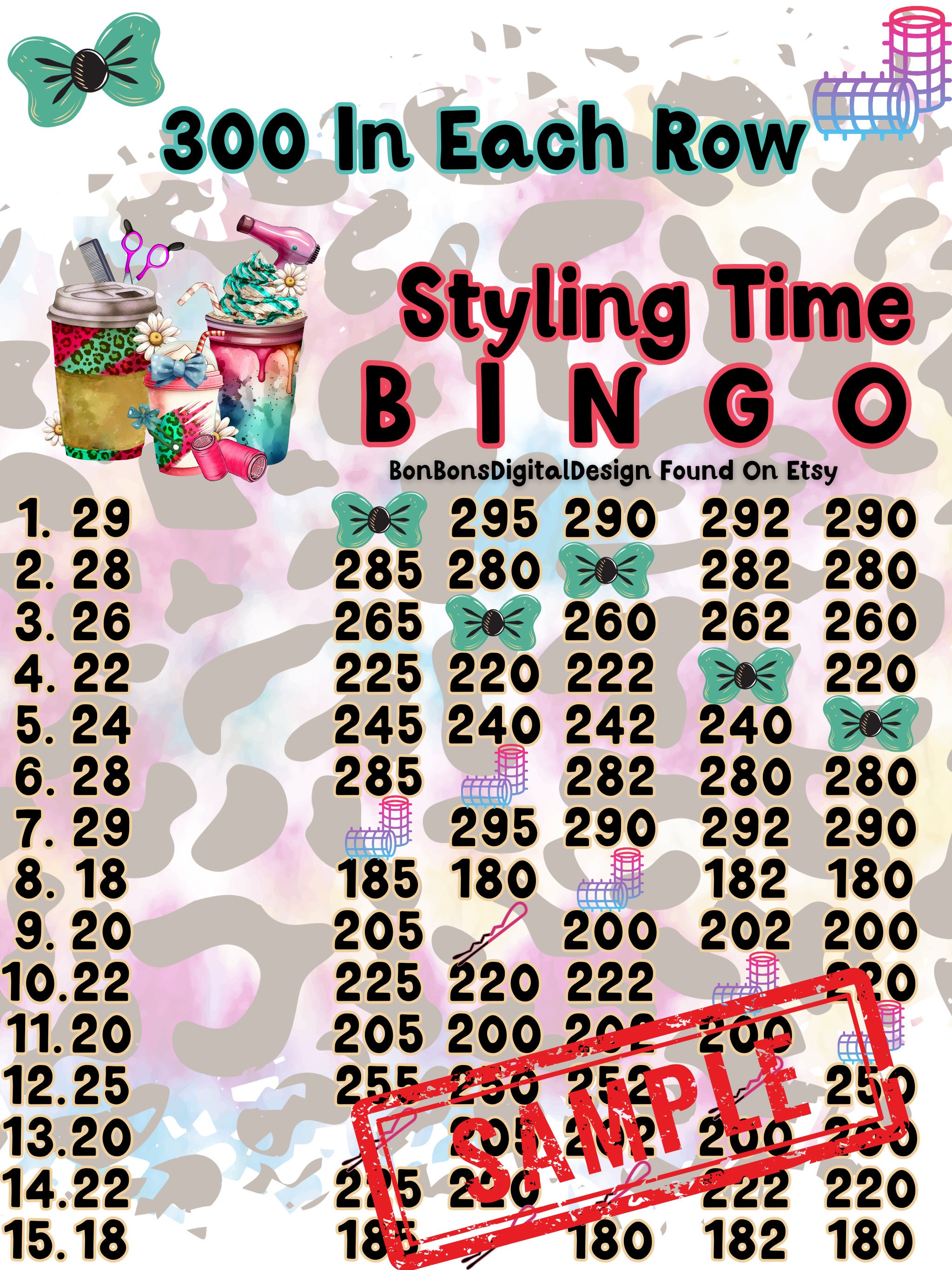 300 PYP WTA 15 Line Bingo Board , 300 in Each Row Bingo , Girly