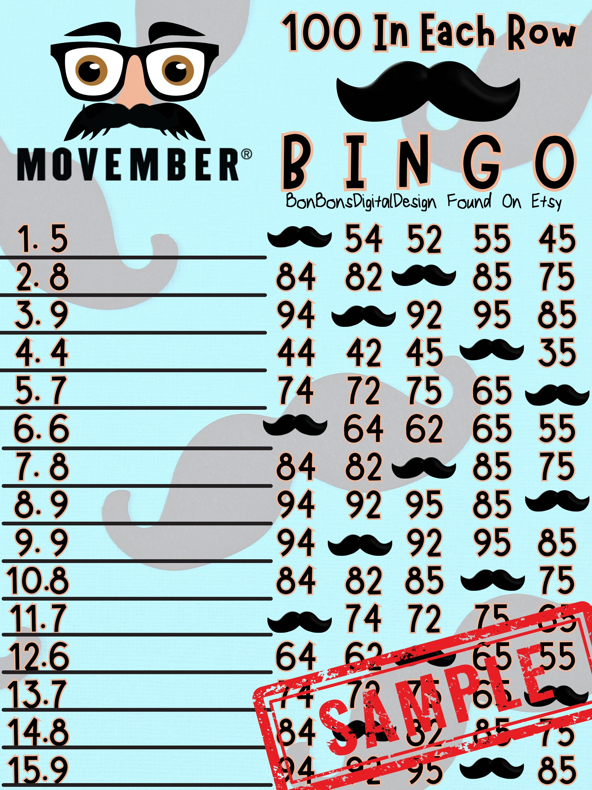 100 PYP Pro WTA 15 Line Bingo Board , Mustache Bingo - Etsy