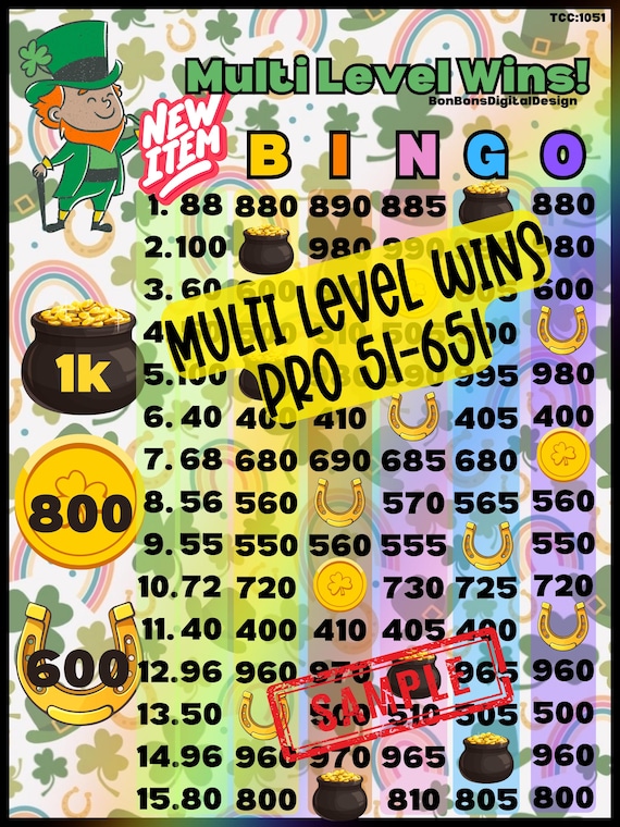 Multi Win, 1k HR PYP Pro WTA 15 Line Bingo Board , Goodluck Bingo, New Release Bingo, St. Patricks Bingo