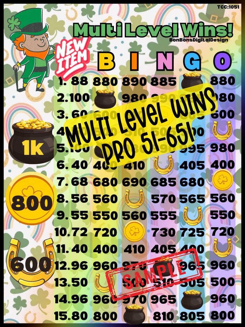 St. Patricks Day themed 15 line digital bingo board, Goodluck