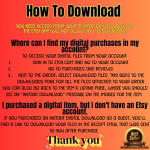 May include: A graphic with instructions on how to download digital purchases from Etsy. The text includes information about accessing purchases from a desktop or web browser, signing into Etsy.com, and finding the download files in your order details. It also explains how to download files if you purchased as a guest.