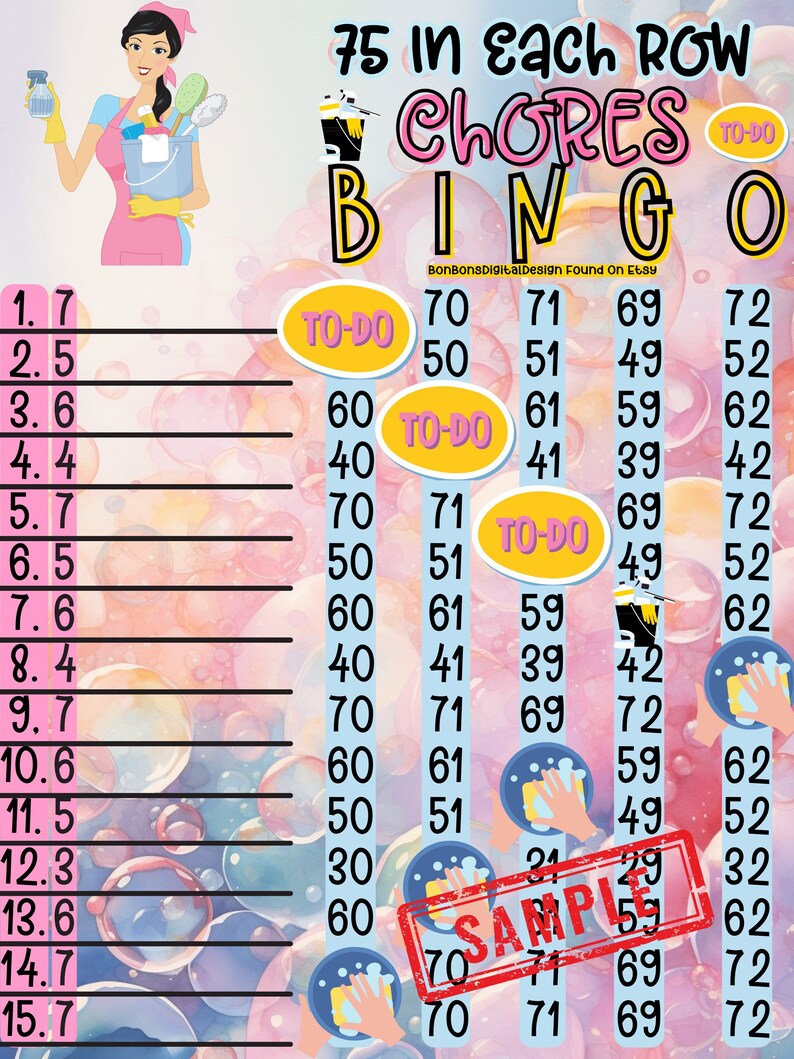 75 in Each Row Chores WTA PYP 15 Line WTA Bingo Board, Low in Bingo - Etsy