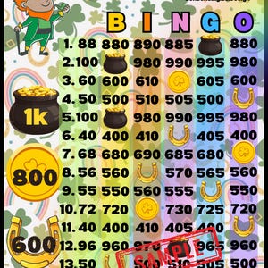 May include: A multi-level bingo card with a St. Patrick's Day theme. The card features numbers 1 through 15, each with a corresponding image of a pot of gold, a horseshoe, or a shamrock. The card also includes the word "Bingo" in green, orange, and purple letters.