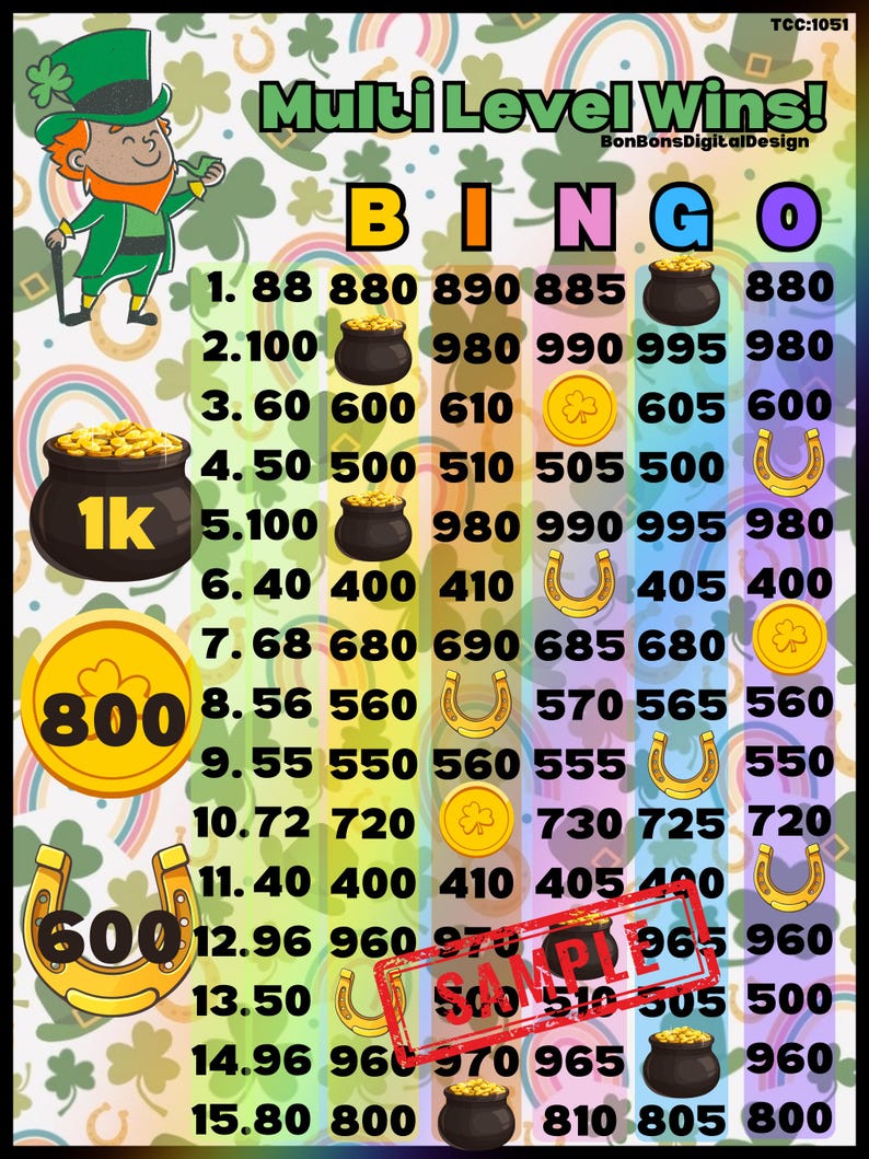 May include: A multi-level bingo card with a St. Patrick's Day theme. The card features numbers 1 through 15, each with a corresponding image of a pot of gold, a horseshoe, or a shamrock. The card also includes the word "Bingo" in green, orange, and purple letters.