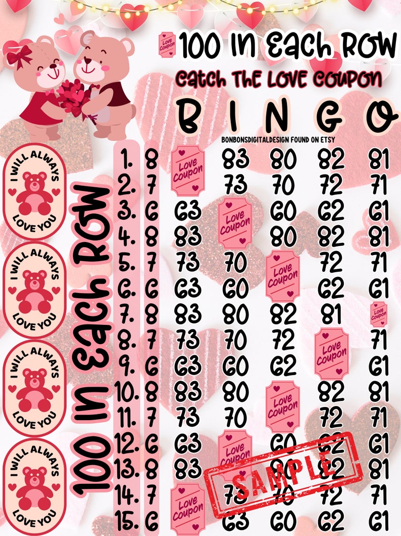 100 PYP Pro WTA 15 Line Bingo Board, 100 in Each Row Bingo, Valentines ...