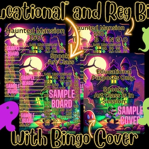 May include: A printable Halloween bingo card featuring a haunted mansion illustration. The card is labelled "Haunted Mansion 150" and includes a sample bingo board. The card also includes the text "Spooky Art Class" and "Educational Purposes Only."