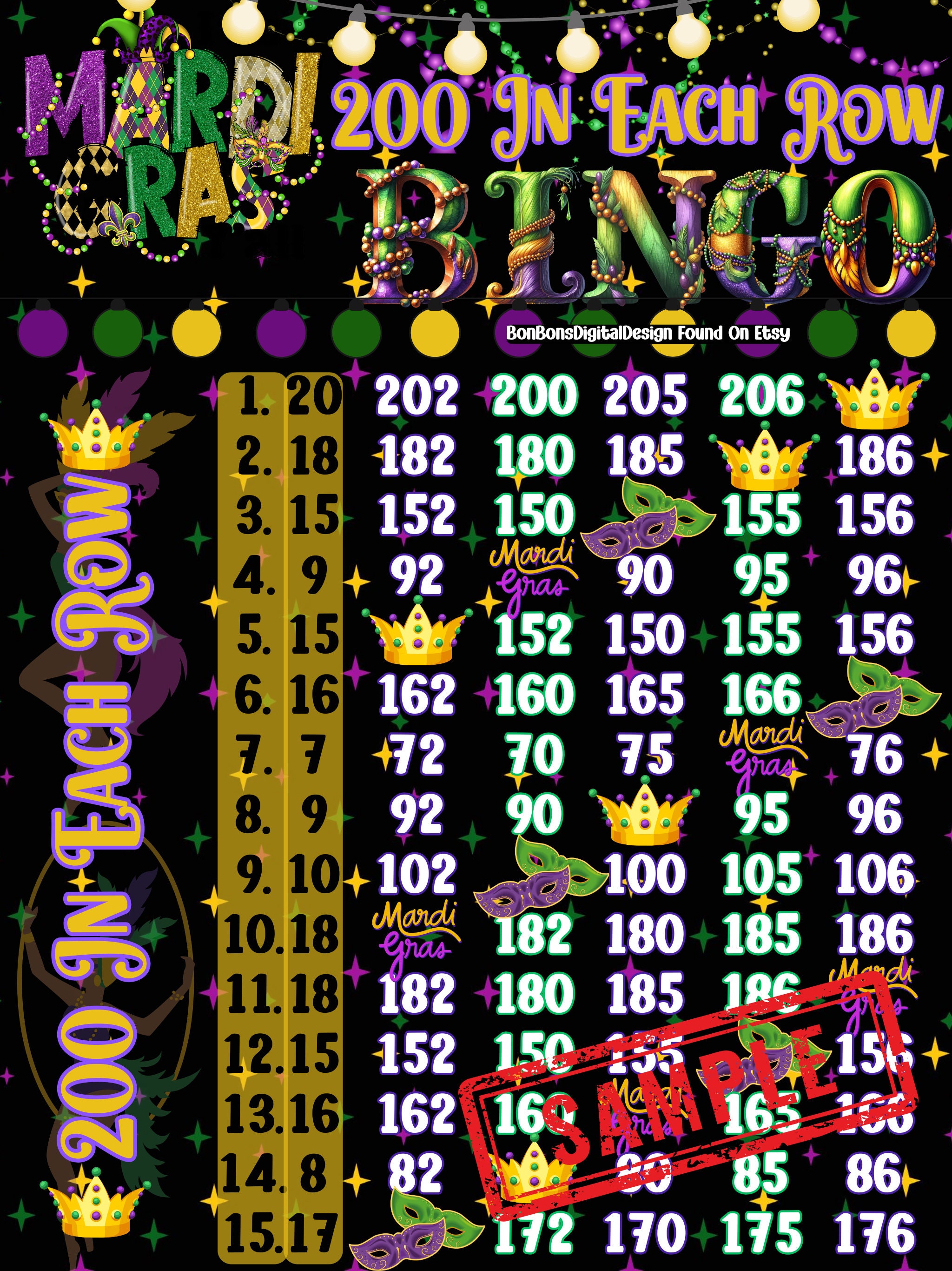 200 PYP Pro WTA 15 Line Bingo Board, Mardi Gras Bingo - Etsy