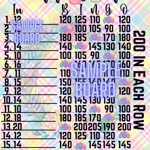 May include: A colorful Easter-themed bingo card with the title "Hippity Hop" and numbers ranging from 90 to 200. The card is designed with a pink and yellow checkered background and decorated with images of Easter eggs.
