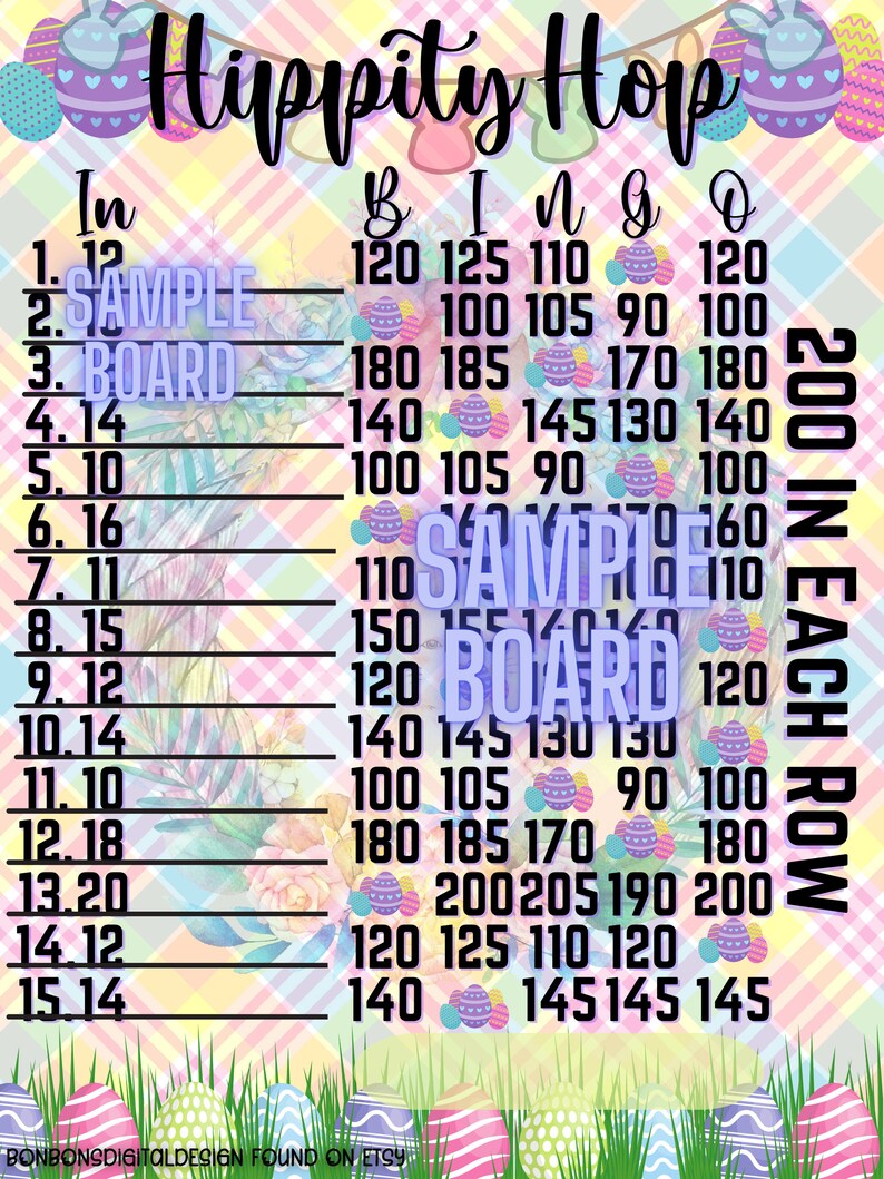 May include: A colorful Easter-themed bingo card with the title "Hippity Hop" and numbers ranging from 90 to 200. The card is designed with a pink and yellow checkered background and decorated with images of Easter eggs.