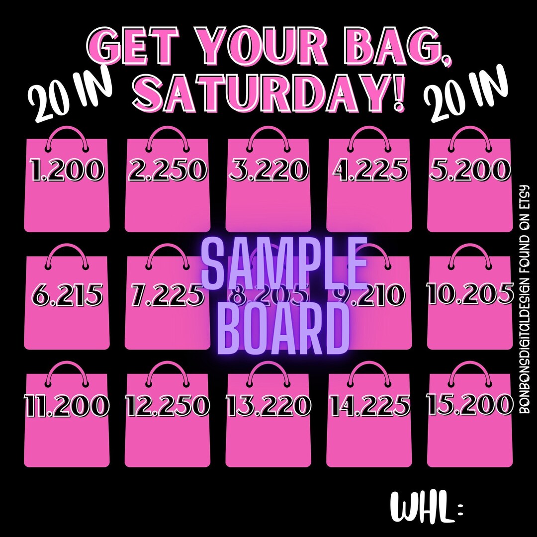 Simple Get Your Bag Saturday 15 Line PYP Bingo Board, Digital Bingo