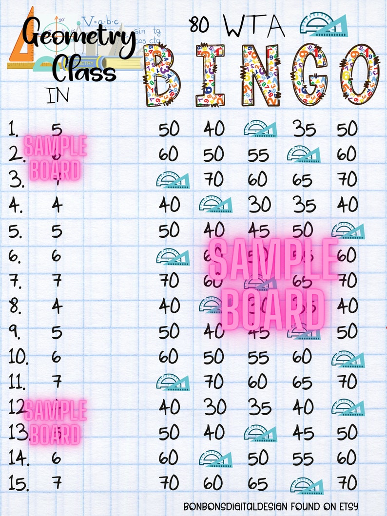 Bingo Ranges Geometry Class 80 in Each Row 15 Line Bingo Board, PYP Bingo Board, WTA ...