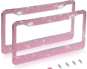 2 Pack Barbie Pink Crystal Bling License Plate Frames with Screw Cap Covers,  Car Accessories Gift for her