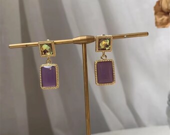 Purple Passion Geometric Square Sparkling Faceted Crystal Drop Earrings