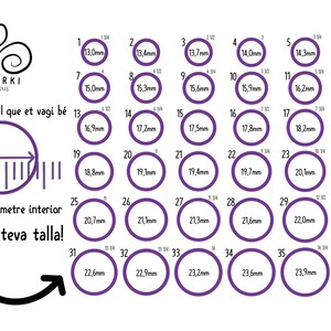 Op de afbeelding: Een paarse grafiek met de nummers 1 tot en met 36, elk met een bijbehorende cirkel met een meting in millimeters. De grafiek wordt gebruikt om de ringmaat te bepalen. De tekst "Agafa un anell que et vagi b&eacute;" en "Mesura el di&agrave;metre interior" is zichtbaar bovenaan de grafiek. De tekst "Busca la teva talla!" is zichtbaar onderaan de grafiek.
