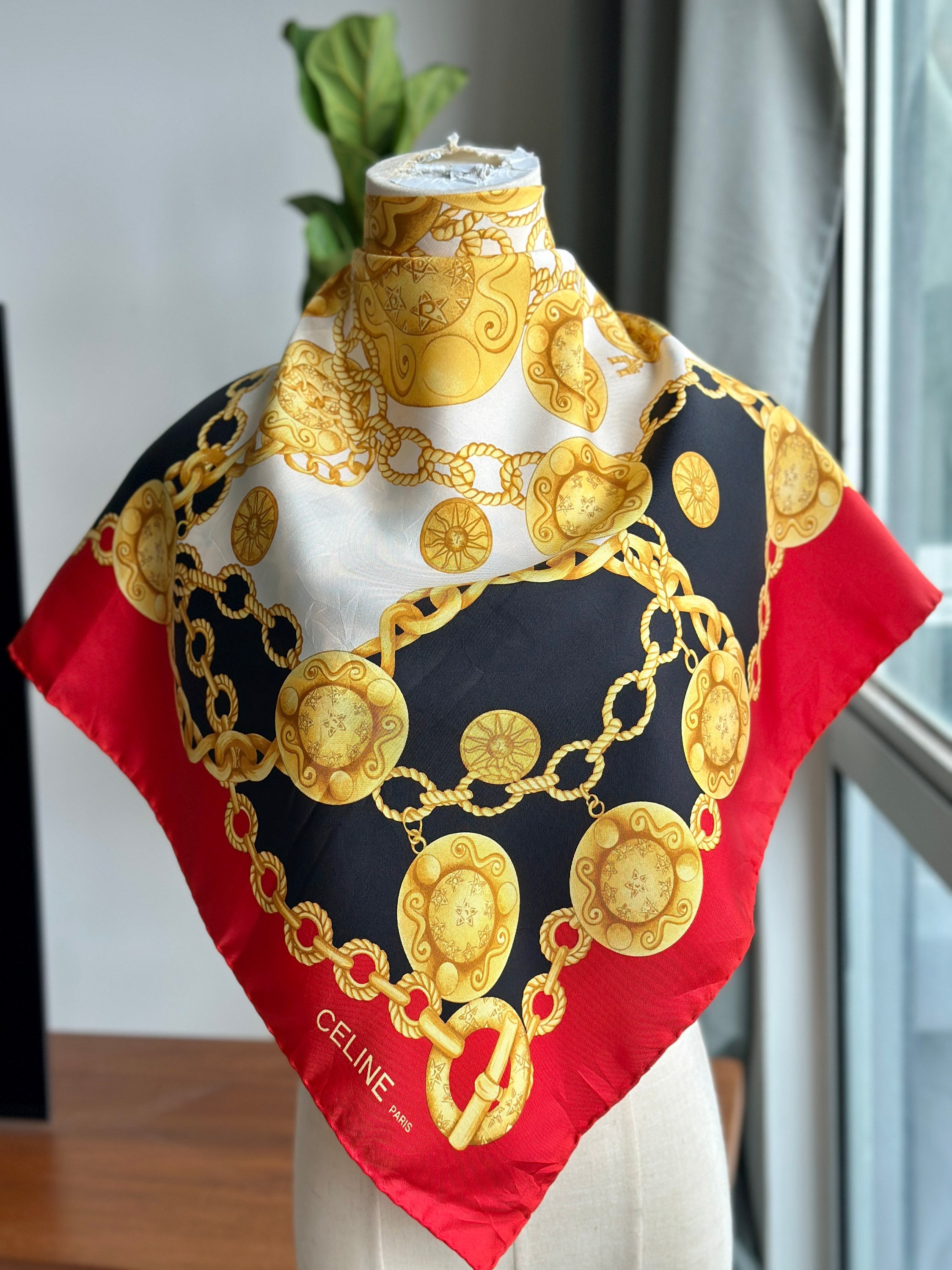 新品未開封保管 CELINE セリーヌ ヴィンテージ 大判シルク100%スカーフ 美品✴︎セリーヌCELINE シルク100大判スカーフ レトロ