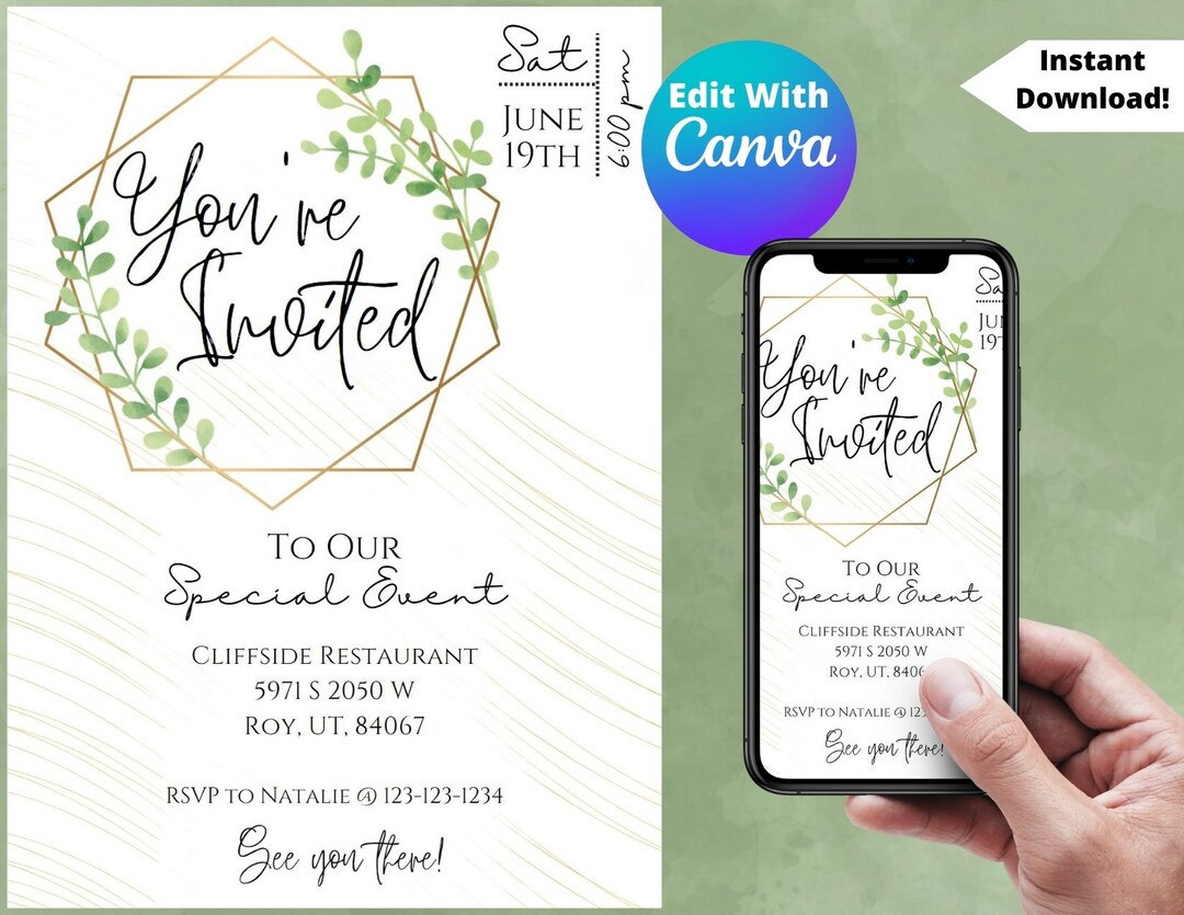 Greenery and Gold Invitation Special Event Card Template Etsy