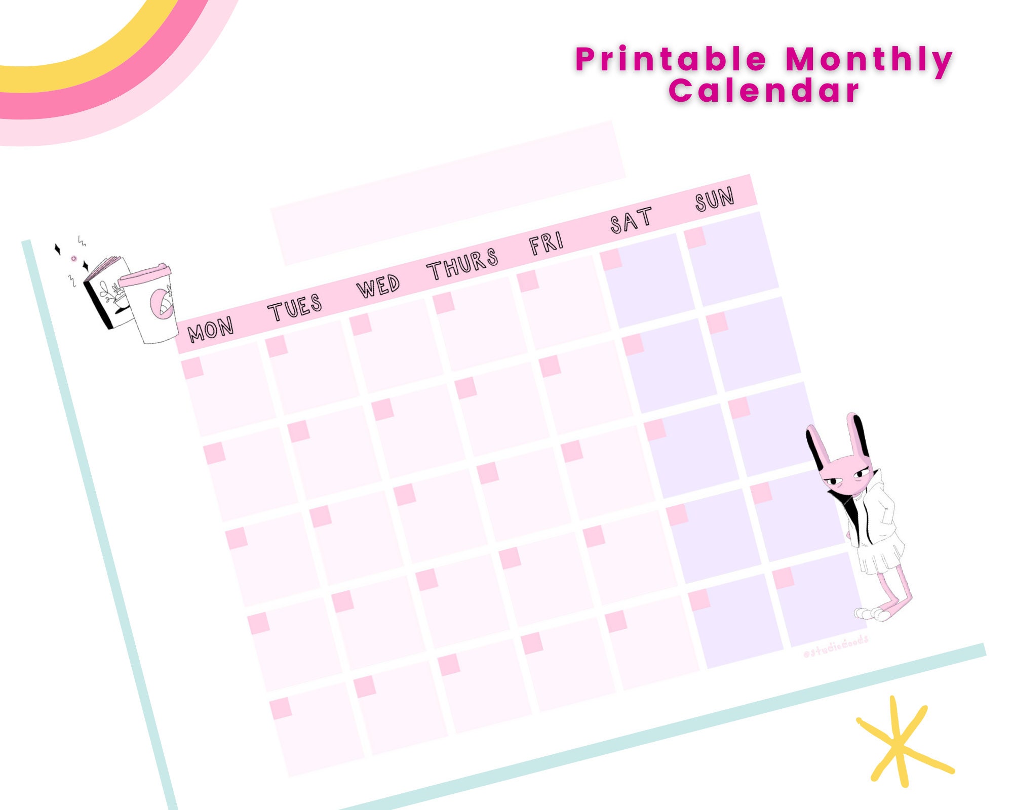 2021 bunny monthly calendar printable pdf digital download etsy