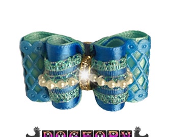 Blaue Vintage Perlenspitze Hundeschleife: Yorkie, Shih Tzu, Malteser