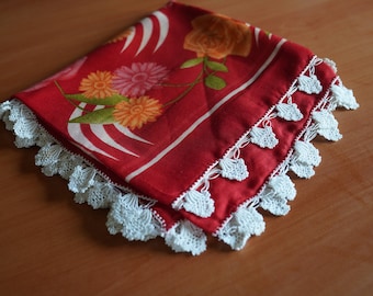 Red Cotton Oya Scarf White Lace Vintage Easter Mothers Day Gift Mom